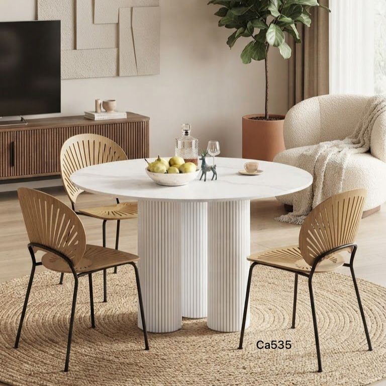 Mesa comedor blanco piedra sintetizada en 2 piezas base acanalada aluminio 92cm* 75cm